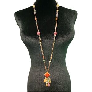 Tassel Necklace Multi Strand Beaded Earth Tones Brown Red Gold Purple Green